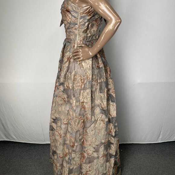 Donna Karan Women’s One-Shoulder Bow Maxi Ball Gown Size 2 Ash Brown Floral - Picture 8 of 10